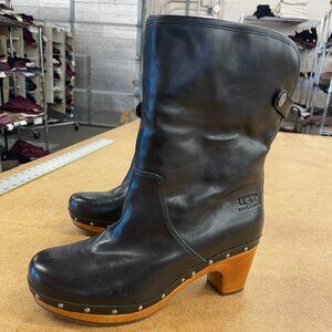 Ugg Black Leather ‘Lynnea’ Fold-over Shearling Lined Wooden Heel Clog Boots